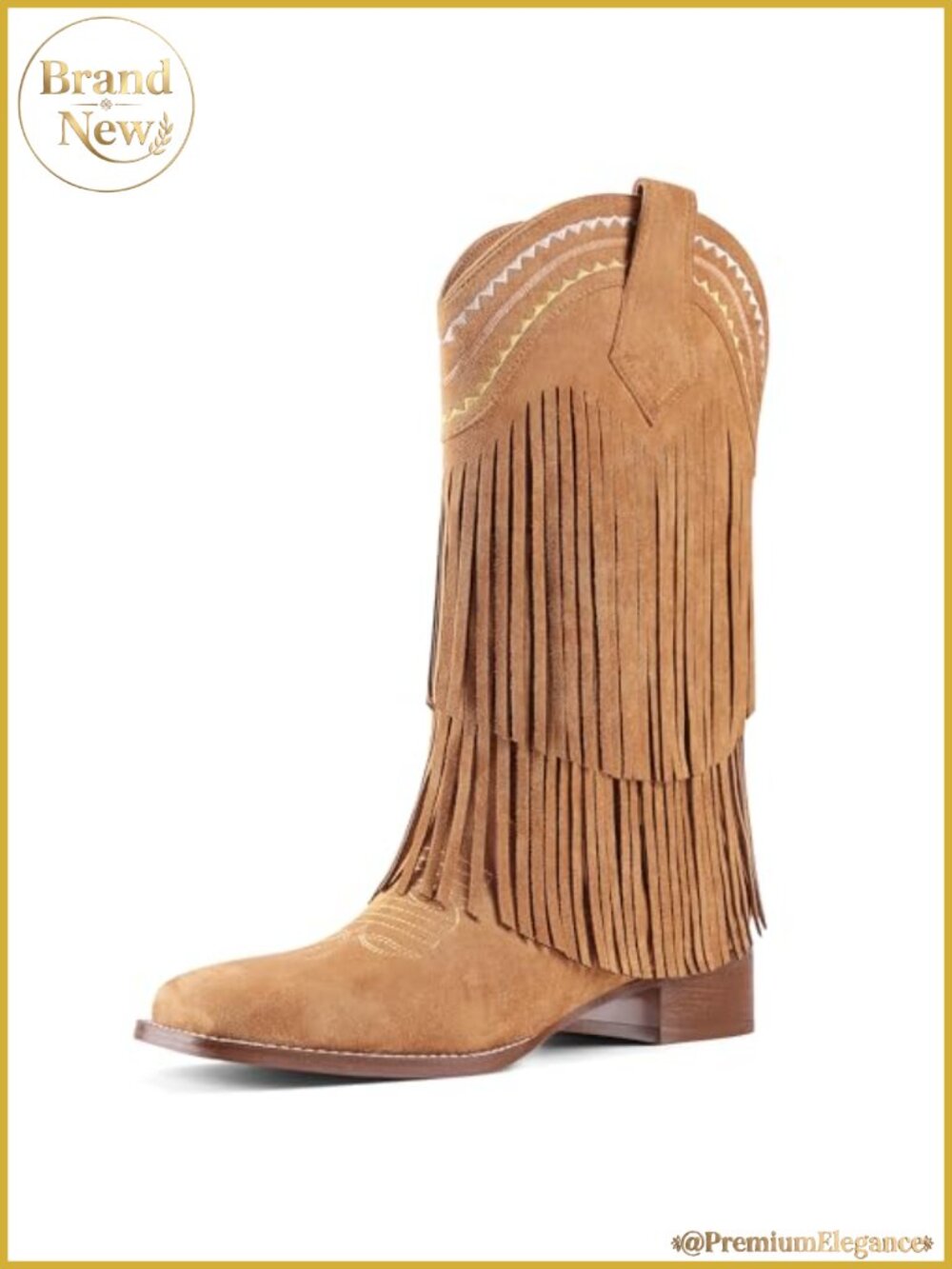 Women's Fringe Mid Calf Cowgirl Boots Low Chunky Block Heel Square Toe Pull On
